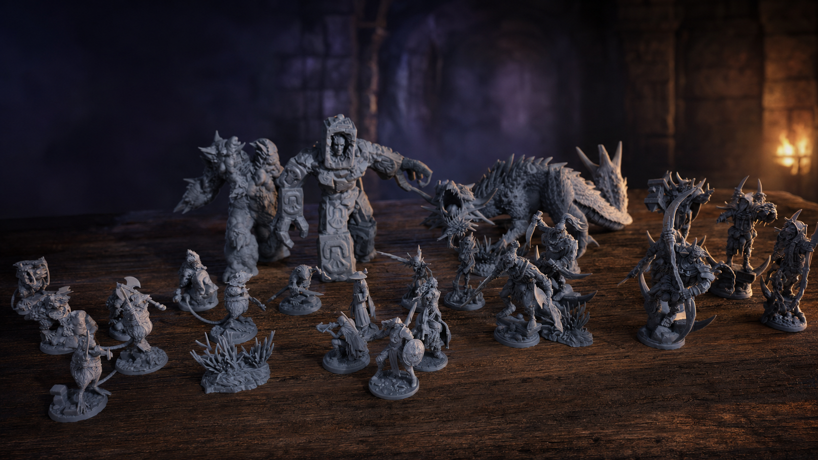 Niepomalowane miniatury fantasy Resin Rift na tle stanowiska hobbystycznego